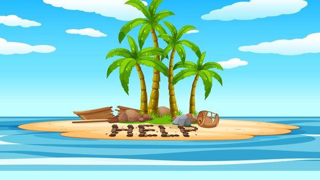 Isla desierta con bote roto tumbado en la playa con ayuda si