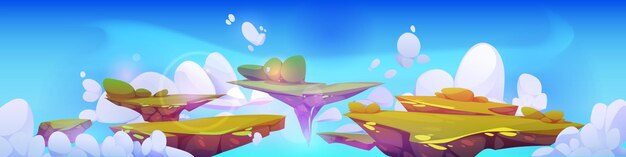 Isla flotando en el fondo del juego de fantasía del cielo Paisaje mágico con entorno de tierra voladora para el diseño de videojuegos de la interfaz de usuario paisaje del paraíso de los sueños del cielo con nivel de plataforma de césped o arena de hierba de lucha