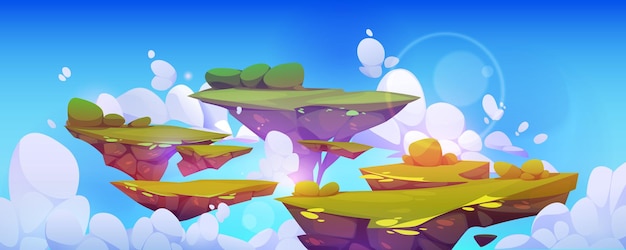 Isla flotando en el fondo del juego de fantasía del cielo Paisaje mágico con entorno de tierra voladora para el diseño de videojuegos de la interfaz de usuario paisaje del paraíso de los sueños del cielo con nivel de plataforma de césped o arena de hierba de lucha