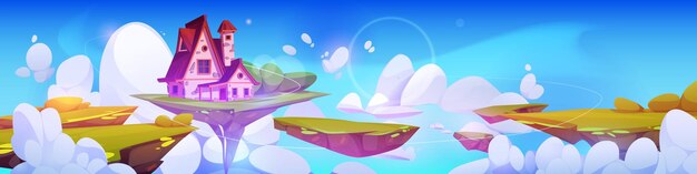 Isla flotante con casa y jardín verde.