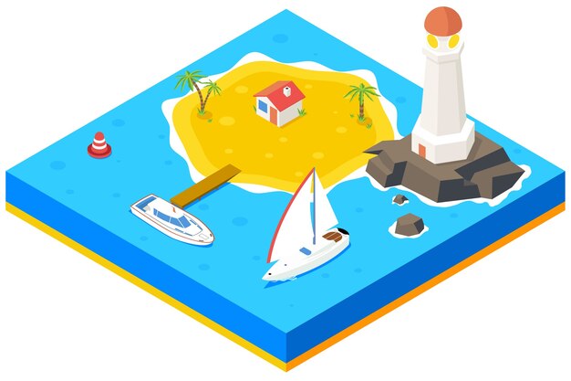 Isla isométrica con barco, yate y mar. Concepto de fondo 3d. Playa paradisíaca, palmera y muelle, vivienda y faro,