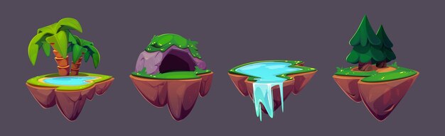 Isla de juego flotante y tierra de fantasía plataforma vectorial de dibujos animados Magic ui ilustración voladora 2d con palma y pino escenario de cueva de roca lago y cascada entorno de interfaz para la ubicación