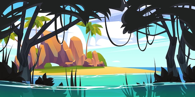 Isla en el océano isla pirata secreta deshabitada con palmeras de playa lianas de la selva y rocas en el mar bajo un cielo nublado paisaje tropical tierra vacía fondo de juego ilustración vectorial de dibujos animados