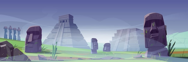 Isla de Pascua con antiguas pirámides mayas y estatua moai en la niebla