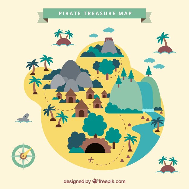 Isla plana con tesoro pirata