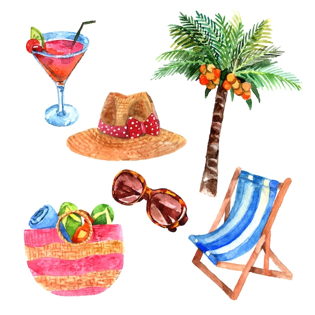 Isla tropical vacaciones viajes acuarela iconos conjunto con palmera de coco y paja sombrero para el sol