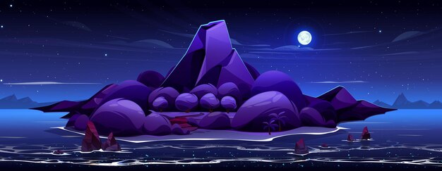 Isla del volcán nocturno en el fondo del vector de dibujos animados del océano Exótica playa de la isla tropical cerca del cielo estrellado de la palmera y la luz de la luna llena Hermosa montaña volcánica en el diseño del juego del bosque Roca en el agua de mar