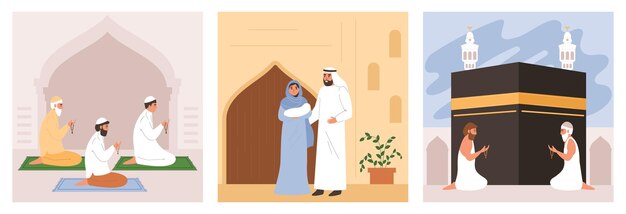 Islam religión concepto plano conjunto con la gente durante los rituales religiosos ilustración vectorial aislada