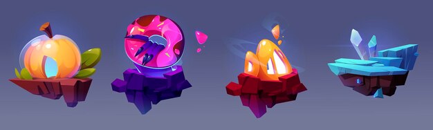 Islas flotantes de cristal de hielo o roca, espeluznante donut de Halloween con dedos monstruosos, paisajes de calabazas y rocas de fantasía, diseño de niveles de juego. Dibujos animados 2d ui ubicaciones de la naturaleza, plataformas voladoras para arcade