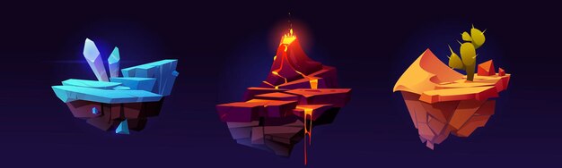 Islas flotantes de cristal de hielo o roca, volcán y paisaje de fantasía del desierto, diseño de nivel de juego. Dibujos animados 2d ui ubicaciones de la naturaleza, elementos de plataformas voladoras para saltar, gráficos para pc o arcade móvil