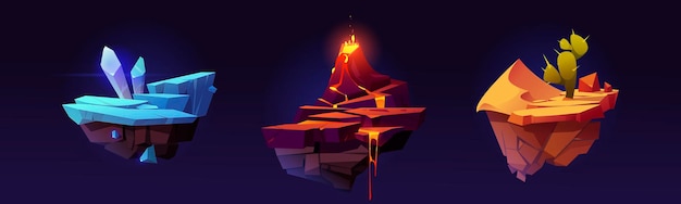 Islas flotantes de cristal de hielo o roca, volcán y paisaje de fantasía del desierto, diseño de nivel de juego. Dibujos animados 2d ui ubicaciones de la naturaleza, elementos de plataformas voladoras para saltar, gráficos para pc o arcade móvil