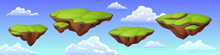 Vector gratuito islas verdes volando en el cielo azul con nubes vector ilustración de dibujos animados de coloridas plataformas de juego flotantes piezas de tierra colgando en el aire fantasía paisaje de verano computadora gui diseño de fondo