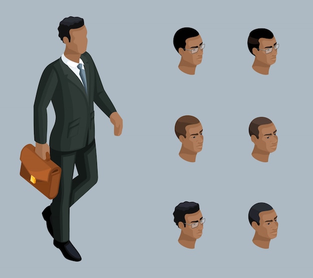 Isometría cualitativa, un hombre de negocios con un maletín, un hombre afroamericano. personaje, con un conjunto de emociones y peinados para crear ilustraciones. Vector Premium 