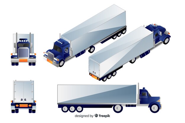 Isométrica camión azul en diferentes puntos de vista