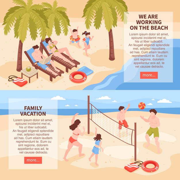 Isométrica casa de playa vacaciones tropicales pancartas horizontales con imágenes de familia relajarse