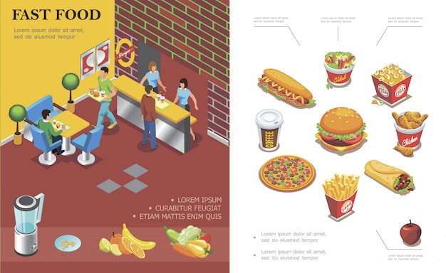 Isométrica composición de restaurante de comida rápida con gente comiendo en la cafetería taza de café cola hamburguesa pizza papas fritas ensalada de palomitas de maíz doner hot dog