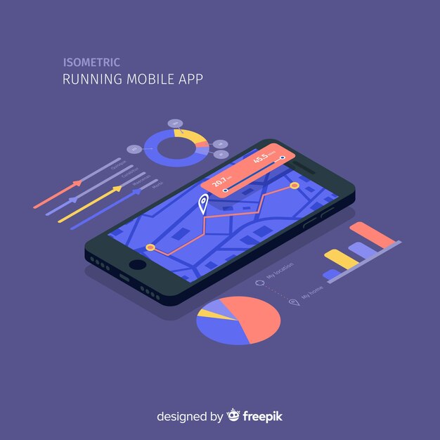 Isométrica corriendo aplicación móvil infografía