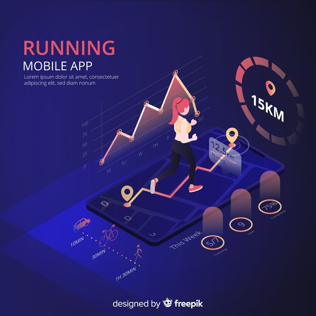 Isométrica corriendo aplicación móvil infografía