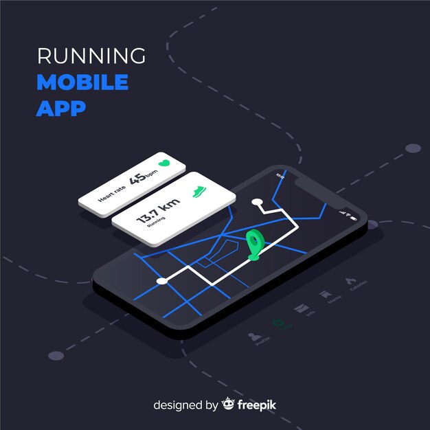 Isométrica corriendo aplicación móvil infografía