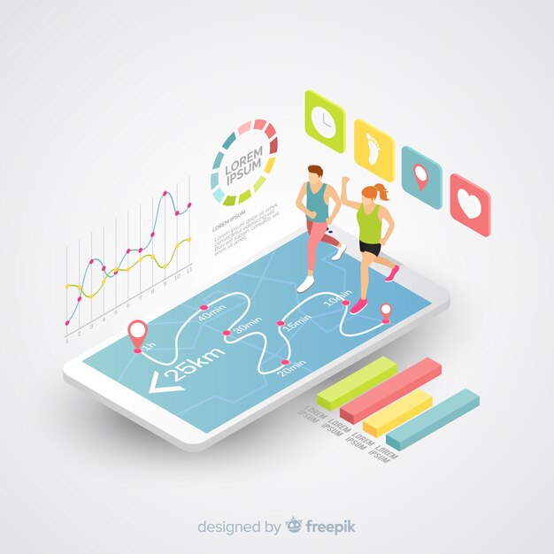 Isométrica corriendo infografía aplicación móvil