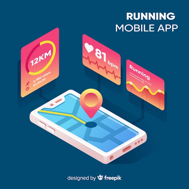 Isométrica corriendo infografía aplicación móvil