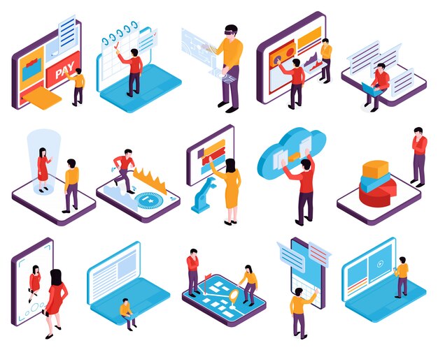 Isométrica personas interfaces dispositivos conjunto de imágenes aisladas con teléfonos tabletas computadoras portátiles y personajes humanos ilustración vectorial