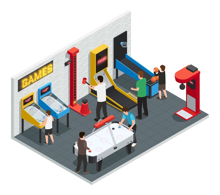 Vector gratuito isométrico 3d juego club interior color concepto personas juegan