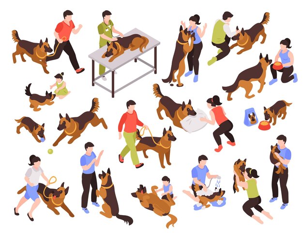 Isométrico un día perro hombre propietario conjunto de imágenes coloridas aisladas con animales y personajes humanos ilustración vectorial