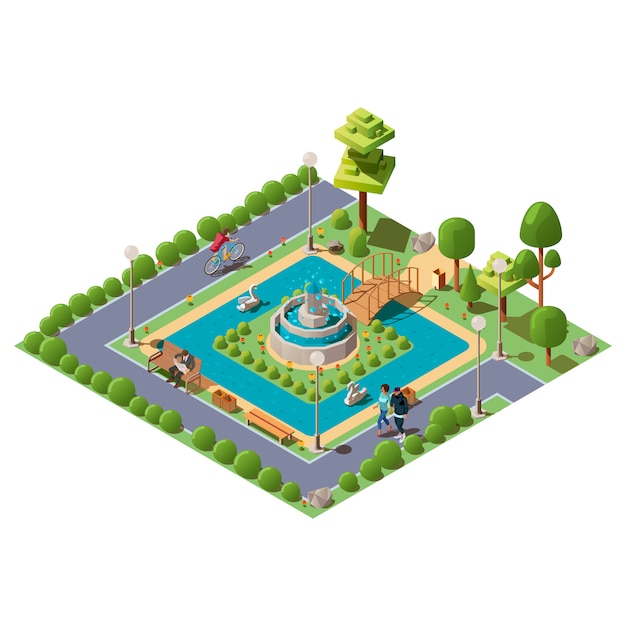 Isométrico parque verde de la ciudad para recreación