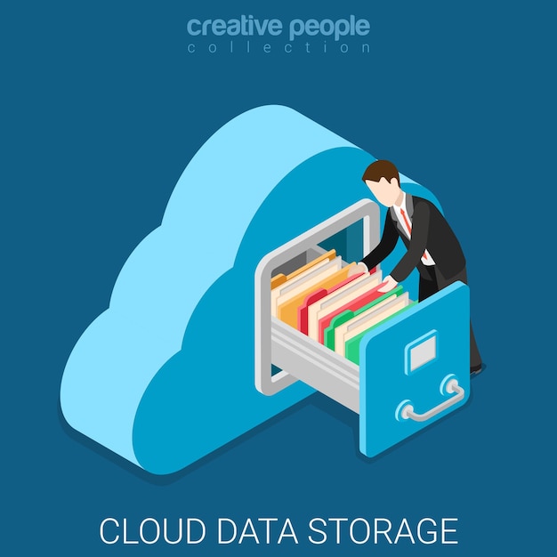Isométrico plano de almacenamiento de datos en la nube
