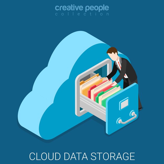 Isométrico plano de almacenamiento de datos en la nube