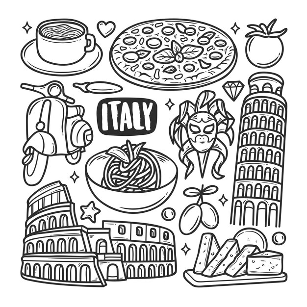Italia Iconos Dibujado A Mano Doodle Para Colorear