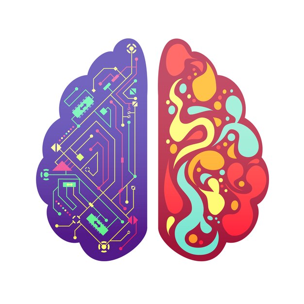 Izquierda y derecha cerebro humano hemisferios cerebrales pictórica figura colorida con diagrama de flujo y zonas de actividad ilustración vectorial