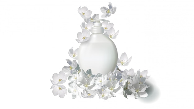 Jabón líquido cosmético realista con flor de jazmín