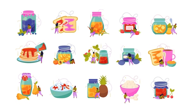 Jam producción plano recolor conjunto de iconos aislados con pequeños personajes humanos platos y paquetes de vidrio ilustración vectorial
