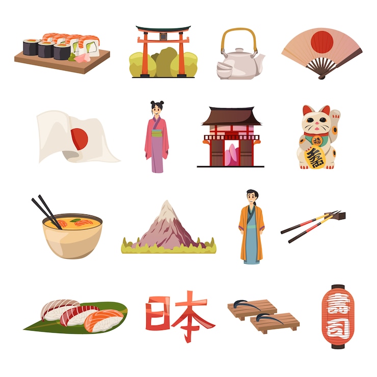 Vector gratuito japón cultura comida iconos ortogonales