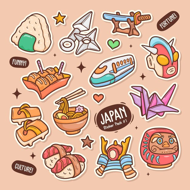 Japón Cute Doodle Vector Sticker Collection