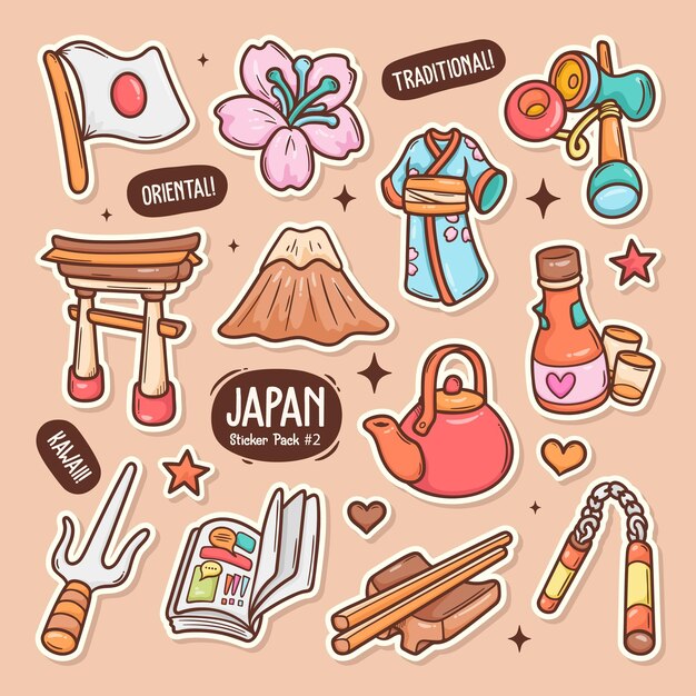 Japón Cute Doodle Vector Sticker Collection