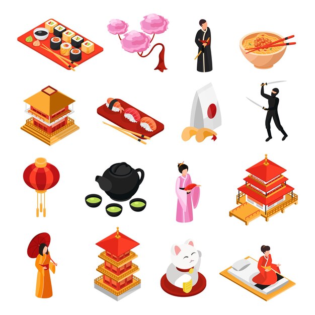 Japón viajes cultura tradiciones alimentos iconos isométricos establecidos con sushi templo geisha flor de cerezo aislado ilustración vectorial