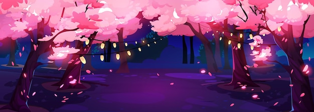 Vector gratuito jardín de cerezos japoneses sakura blossom night park