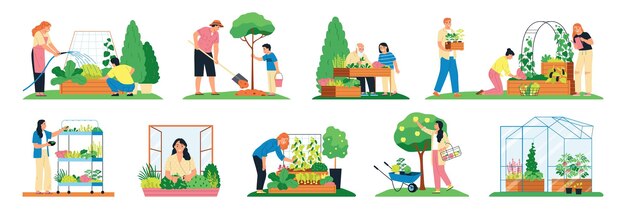 Jardín comunitario conjunto plano de personas que decoran parques de la ciudad y casas con plantas y flores ilustración vectorial aislada