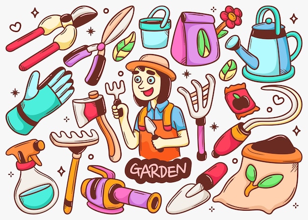 Jardín doodle colección de vectores de color dibujados a mano