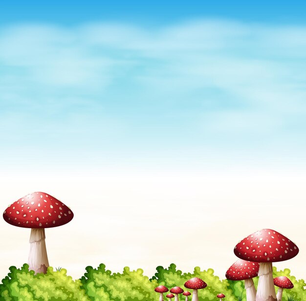 Un jardín con setas rojas