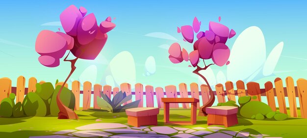 Jardín trasero con mesa, cerezo y silla Patio trasero de la casa con muebles para picnic de verano al aire libre Ilustración del juego de fondo Césped vacío cerca de la cerca de madera en el patio con área de pavimento
