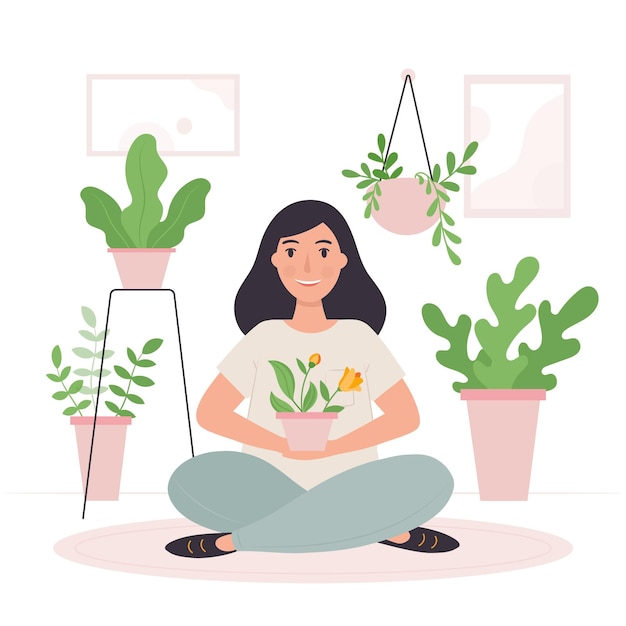 Jardinería en casa con mujer y plantas.