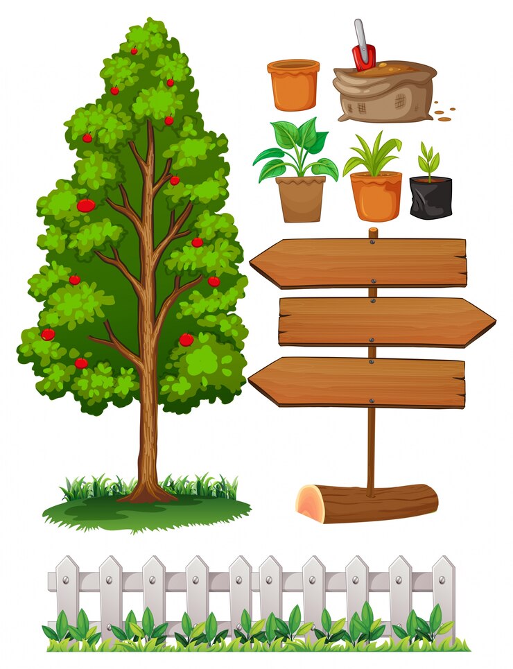 Vector gratuito jardinería elementos con árbol y valla ilustración