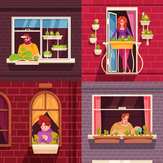 Jardinería urbana 2x2 con personas que cultivan plantas en el alféizar de la ventana ilustración vectorial aislada