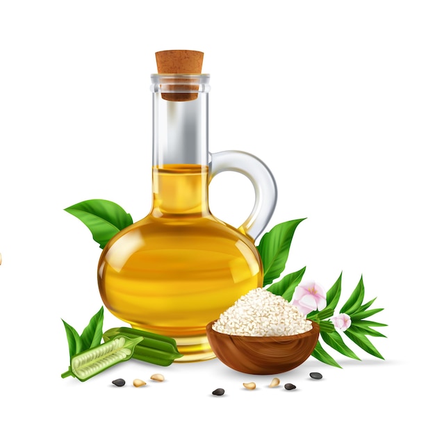 Jarra de vidrio realista de aceite de sésamo natural con cuenco de madera de corcho de semillas blancas y hojas verdes ilustración vectorial