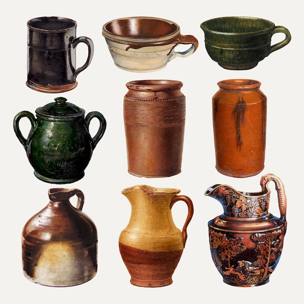 Jarras y tazas de cerámica conjunto de elementos de diseño vectorial, remezclado de la colección de dominio público