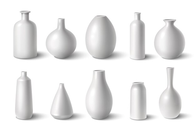 Jarrones de porcelana de cerámica blanca brillante conjunto realista ilustración vectorial aislada
